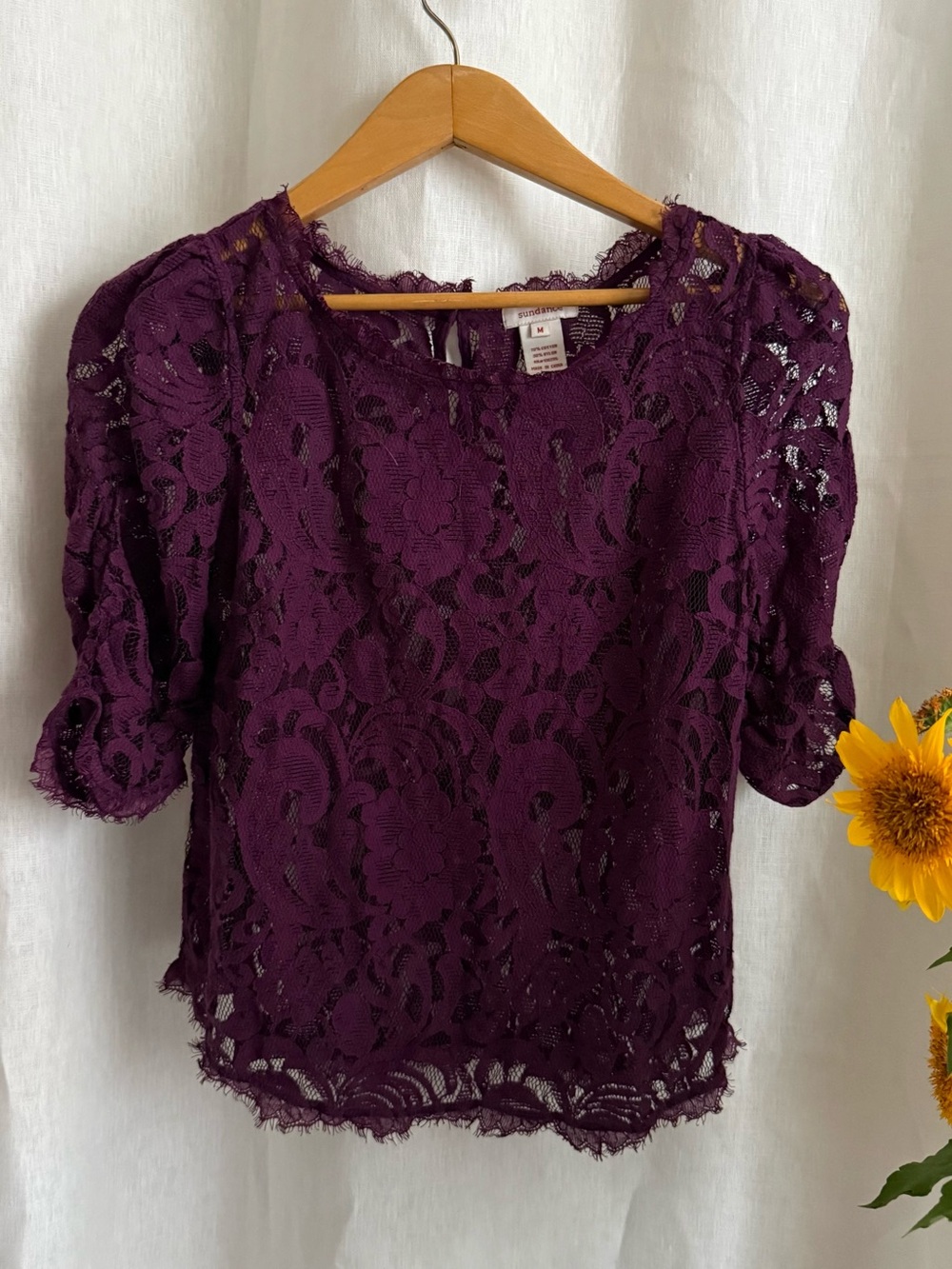 Sundance Floral Lace Blouse M Plum Purple Puff Sleeve Romantic Boho